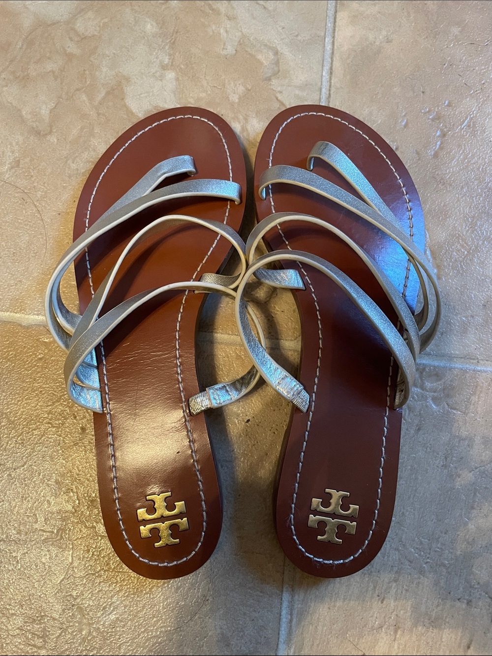 Tory Burch Silver Multi-Strap Leather Slide Sandals